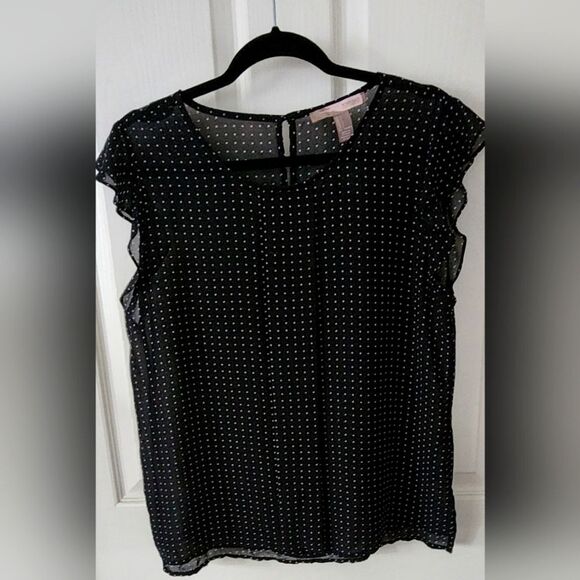 Polka Dot Sheer Blouse Ruffle cap sleeves in Black&white Romantic sheer Sz L - Picture 5 of 6